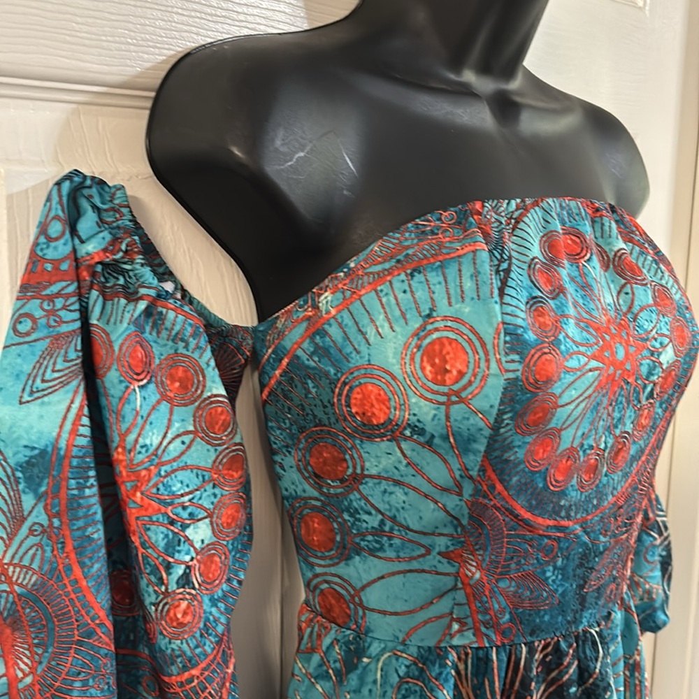 Cupshe teal blue & orange off the shoulder maxi dress, size small, NWT. - Picture 4 of 16